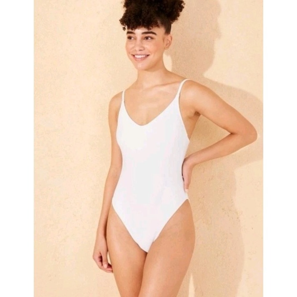 Wild Fable One Piece Swimsuit Womens Medium White Tie Back High Leg Cheeky NWT